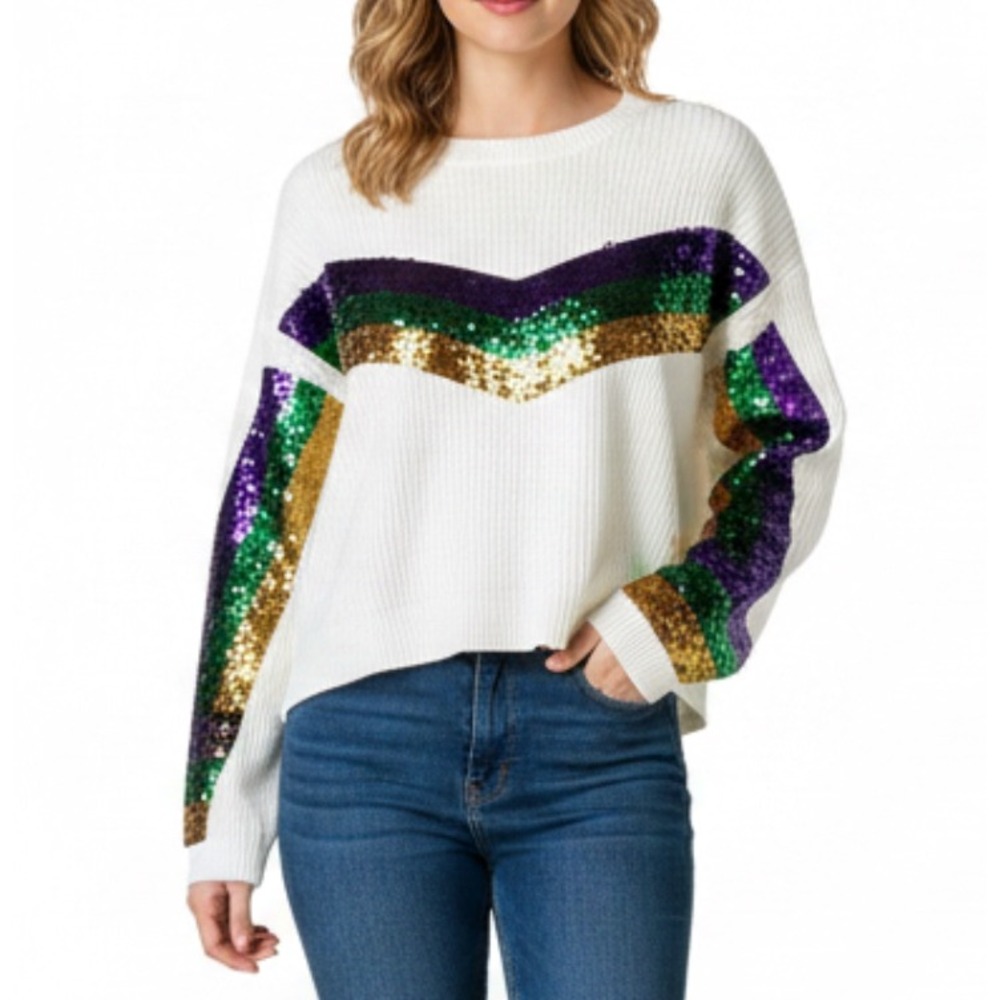 QUEEN OF SPARKLES White Cropped Oversized Sweater MARDI GRAS SEQUIN STRIPES sz L